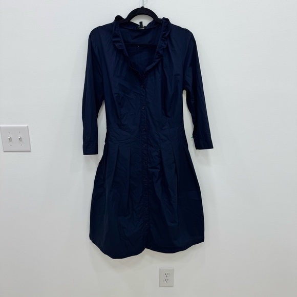 Talbots navy blue ruffle neck button-down, long sleeve shirt dress Sz 12 - Picture 6 of 6